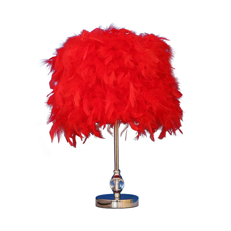 Simplicity Drum Night Lamp Feather 1-Light Bedroom Table Lighting in Pink/Red/Yellow with Crystal Decor Clearhalo 'Lamps' 'Table Lamps' Lighting' 1984909