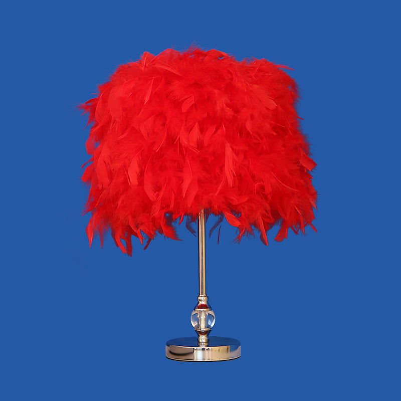 Simplicity Drum Night Lamp Feather 1-Light Bedroom Table Lighting in Pink/Red/Yellow with Crystal Decor Clearhalo 'Lamps' 'Table Lamps' Lighting' 1984910