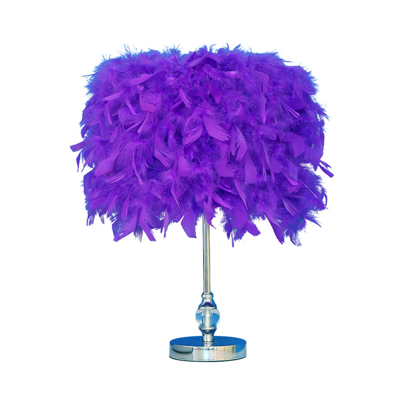 Simplicity Drum Night Lamp Feather 1-Light Bedroom Table Lighting in Pink/Red/Yellow with Crystal Decor Clearhalo 'Lamps' 'Table Lamps' Lighting' 1984912