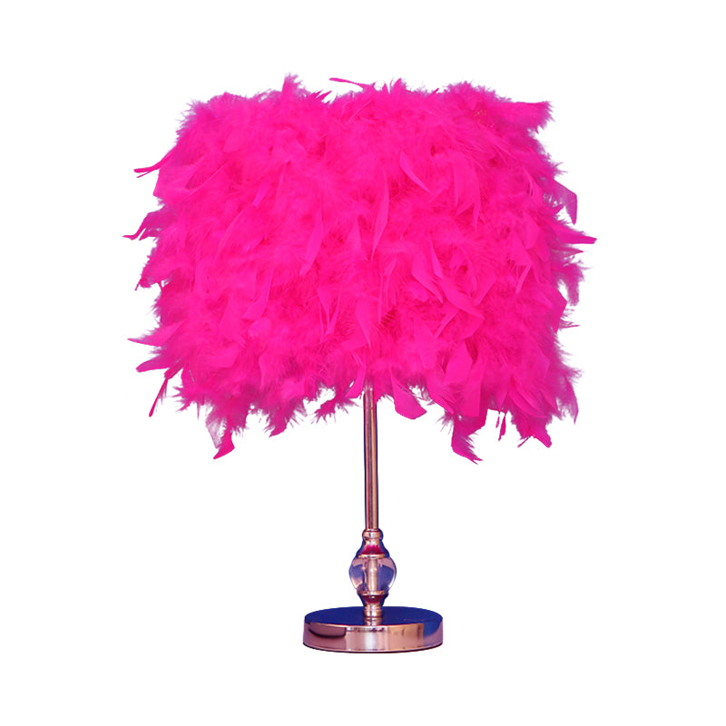 Simplicity Drum Night Lamp Feather 1-Light Bedroom Table Lighting in Pink/Red/Yellow with Crystal Decor Clearhalo 'Lamps' 'Table Lamps' Lighting' 1984915