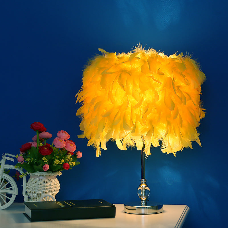 Simplicity Drum Night Lamp Feather 1-Light Bedroom Table Lighting in Pink/Red/Yellow with Crystal Decor Yellow Clearhalo 'Lamps' 'Table Lamps' Lighting' 1984917