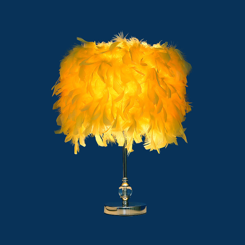 Simplicity Drum Night Lamp Feather 1-Light Bedroom Table Lighting in Pink/Red/Yellow with Crystal Decor Clearhalo 'Lamps' 'Table Lamps' Lighting' 1984919
