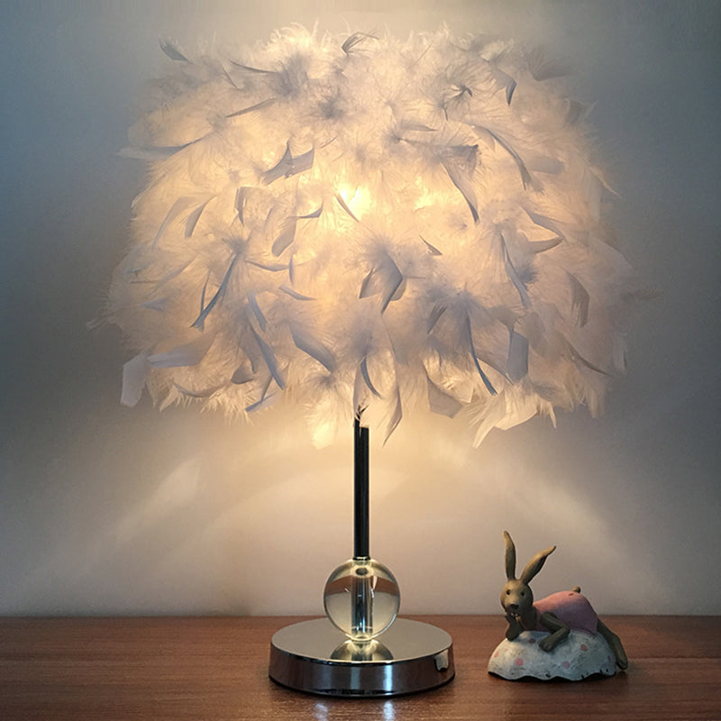Cylinder Feather Table Lamp Contemporary 1 Bulb Red/Pink/Burgundy Night Stand Light with Crystal Ball Clearhalo 'Lamps' 'Table Lamps' Lighting' 1984921