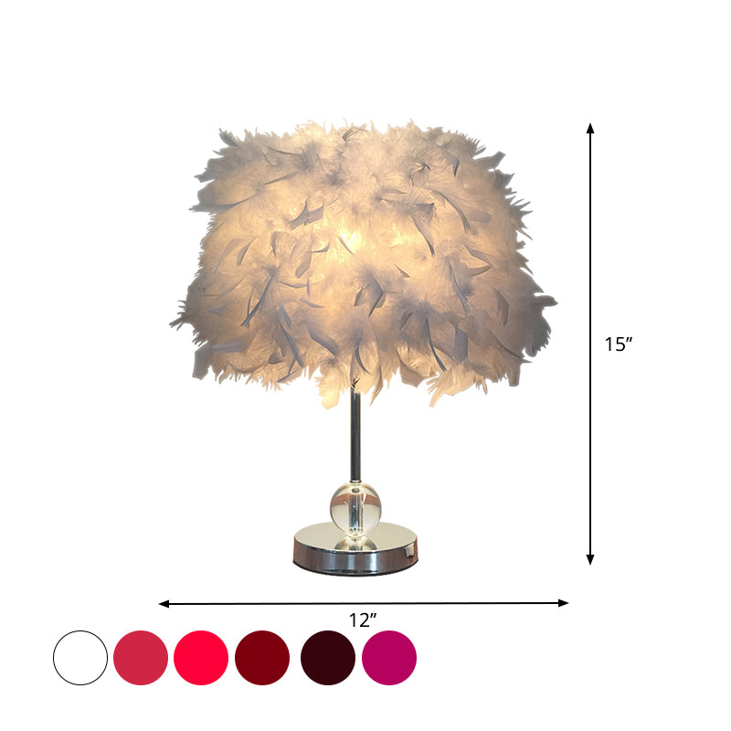 Cylinder Feather Table Lamp Contemporary 1 Bulb Red/Pink/Burgundy Night Stand Light with Crystal Ball Clearhalo 'Lamps' 'Table Lamps' Lighting' 1984922