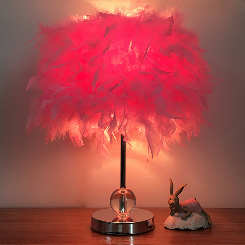 Cylinder Feather Table Lamp Contemporary 1 Bulb Red/Pink/Burgundy Night Stand Light with Crystal Ball Pink Clearhalo 'Lamps' 'Table Lamps' Lighting' 1984923