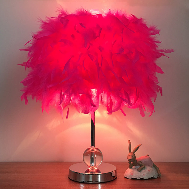 Cylinder Feather Table Lamp Contemporary 1 Bulb Red/Pink/Burgundy Night Stand Light with Crystal Ball Peach Clearhalo 'Lamps' 'Table Lamps' Lighting' 1984924