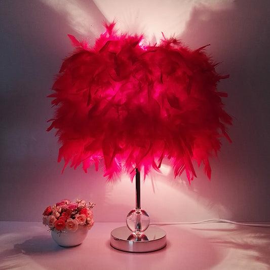 Cylinder Feather Table Lamp Contemporary 1 Bulb Red/Pink/Burgundy Night Stand Light with Crystal Ball Red Clearhalo 'Lamps' 'Table Lamps' Lighting' 1984925