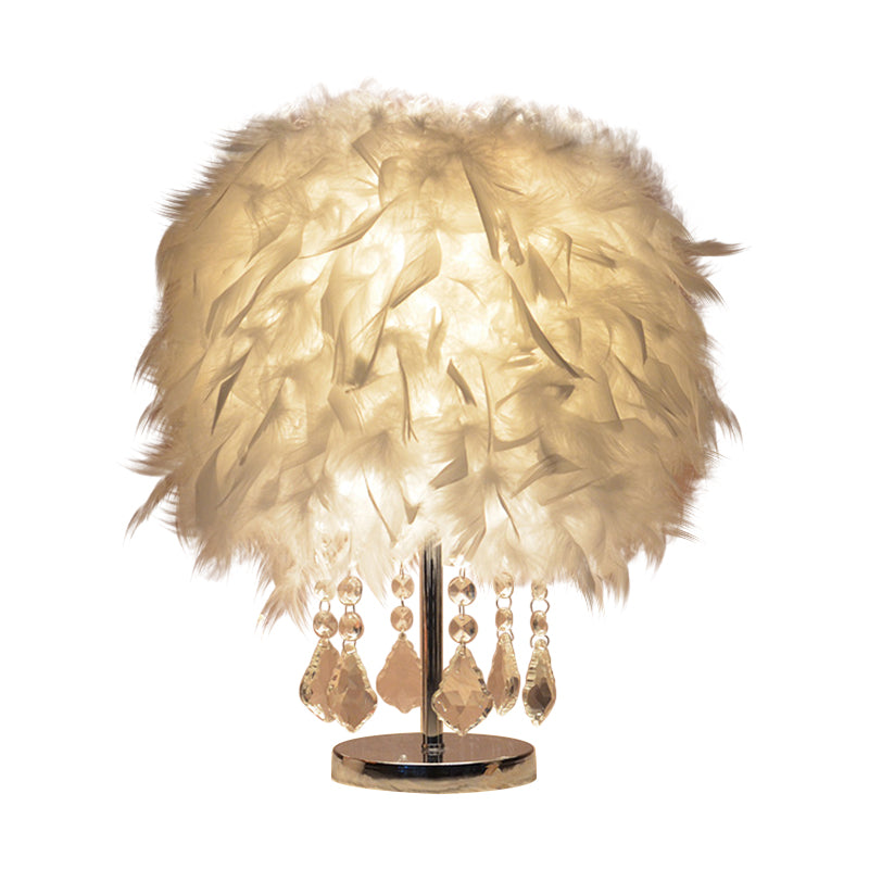 Modernist Cylinder Night Light Feather Single Bedroom Table Lamp in Pink/Peach Red/White with Crystal Strand White B Clearhalo 'Lamps' 'Table Lamps' Lighting' 1984928