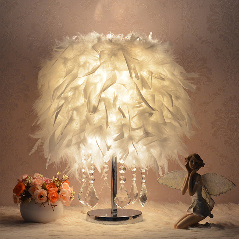 Modernist Cylinder Night Light Feather Single Bedroom Table Lamp in Pink/Peach Red/White with Crystal Strand Clearhalo 'Lamps' 'Table Lamps' Lighting' 1984929