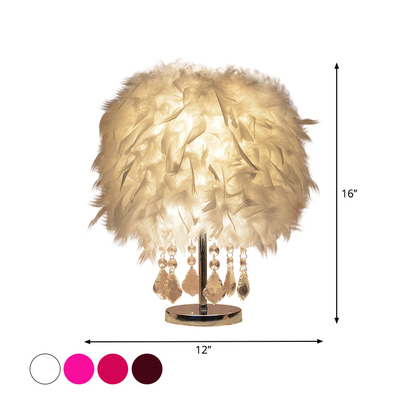 Modernist Cylinder Night Light Feather Single Bedroom Table Lamp in Pink/Peach Red/White with Crystal Strand Clearhalo 'Lamps' 'Table Lamps' Lighting' 1984930