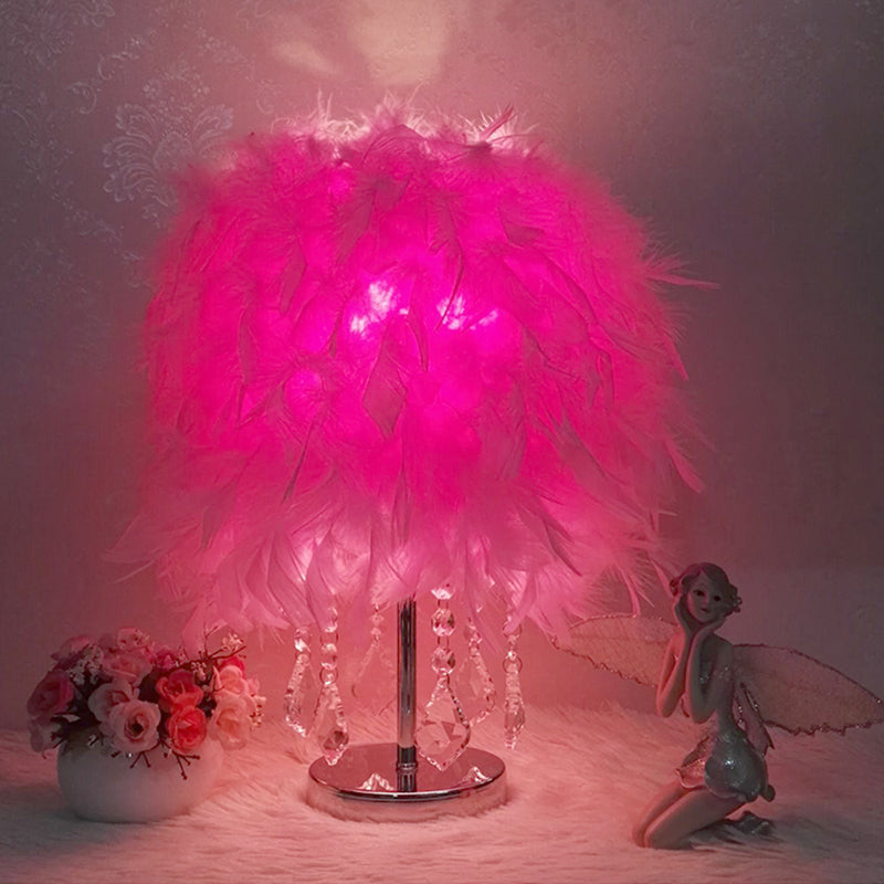 Modernist Cylinder Night Light Feather Single Bedroom Table Lamp in Pink/Peach Red/White with Crystal Strand Pink B Clearhalo 'Lamps' 'Table Lamps' Lighting' 1984931
