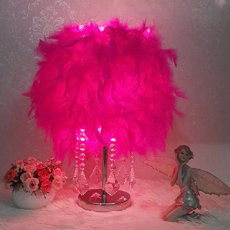 Modernist Cylinder Night Light Feather Single Bedroom Table Lamp in Pink/Peach Red/White with Crystal Strand Peach B Clearhalo 'Lamps' 'Table Lamps' Lighting' 1984932