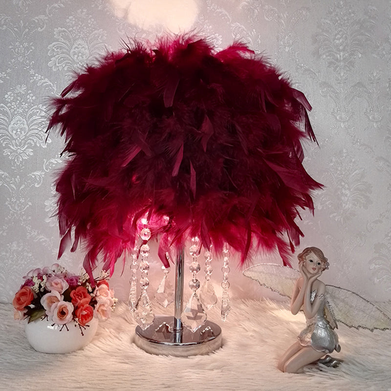 Modernist Cylinder Night Light Feather Single Bedroom Table Lamp in Pink/Peach Red/White with Crystal Strand Burgundy B Clearhalo 'Lamps' 'Table Lamps' Lighting' 1984933
