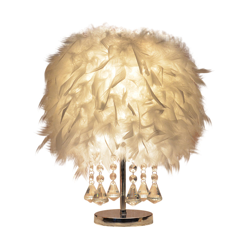 Modernist Cylinder Night Light Feather Single Bedroom Table Lamp in Pink/Peach Red/White with Crystal Strand Clearhalo 'Lamps' 'Table Lamps' Lighting' 1984935