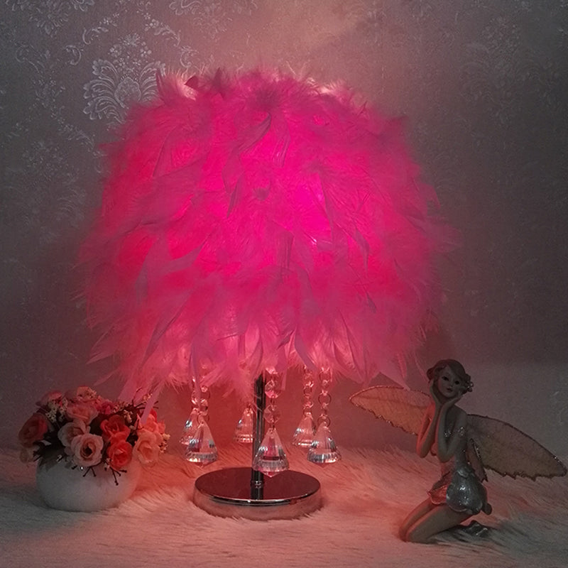 Modernist Cylinder Night Light Feather Single Bedroom Table Lamp in Pink/Peach Red/White with Crystal Strand Pink A Clearhalo 'Lamps' 'Table Lamps' Lighting' 1984937