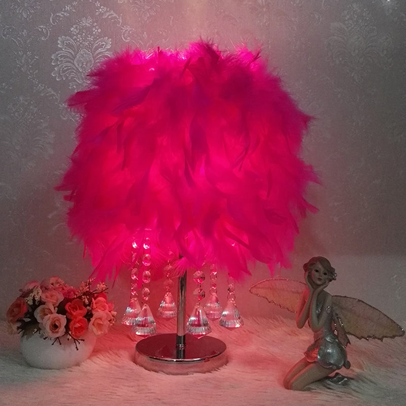 Modernist Cylinder Night Light Feather Single Bedroom Table Lamp in Pink/Peach Red/White with Crystal Strand Peach A Clearhalo 'Lamps' 'Table Lamps' Lighting' 1984938