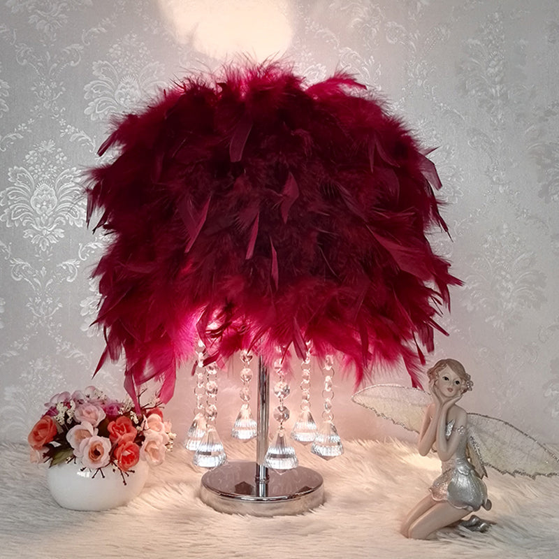 Modernist Cylinder Night Light Feather Single Bedroom Table Lamp in Pink/Peach Red/White with Crystal Strand Burgundy A Clearhalo 'Lamps' 'Table Lamps' Lighting' 1984939