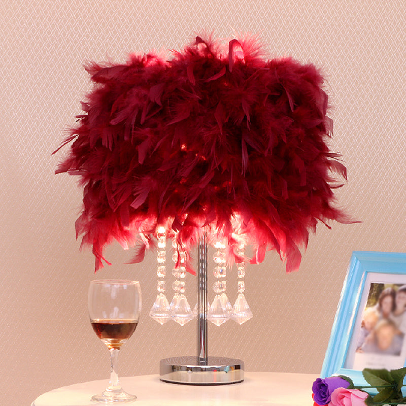 Round Dining Room Table Light Feather 1 Head Modern Night Lamp in Red/Pink/Rose Red with Crystal Droplet Burgundy Clearhalo 'Lamps' 'Table Lamps' Lighting' 1984940