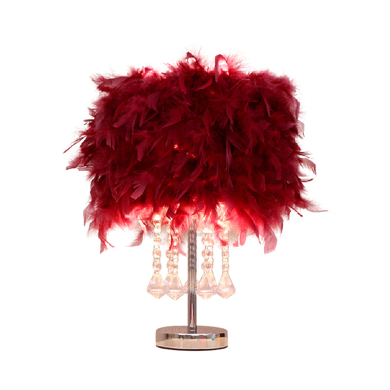 Round Dining Room Table Light Feather 1 Head Modern Night Lamp in Red/Pink/Rose Red with Crystal Droplet Clearhalo 'Lamps' 'Table Lamps' Lighting' 1984941