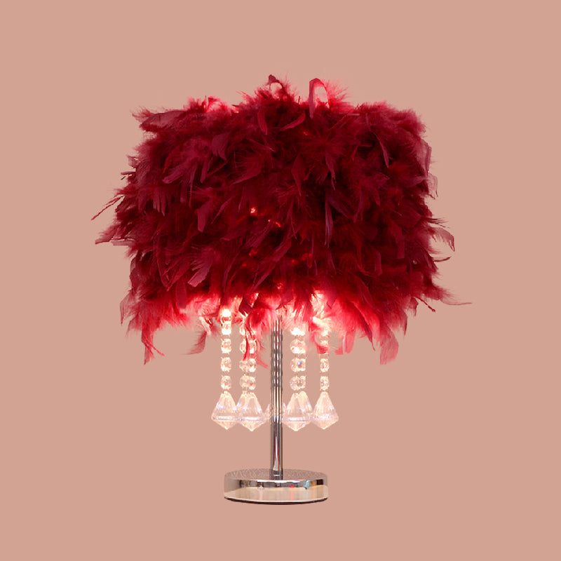 Round Dining Room Table Light Feather 1 Head Modern Night Lamp in Red/Pink/Rose Red with Crystal Droplet Clearhalo 'Lamps' 'Table Lamps' Lighting' 1984942