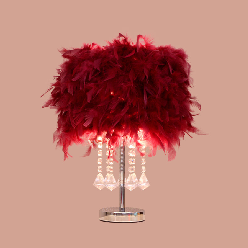 Round Dining Room Table Light Feather 1 Head Modern Night Lamp in Red/Pink/Rose Red with Crystal Droplet Clearhalo 'Lamps' 'Table Lamps' Lighting' 1984942