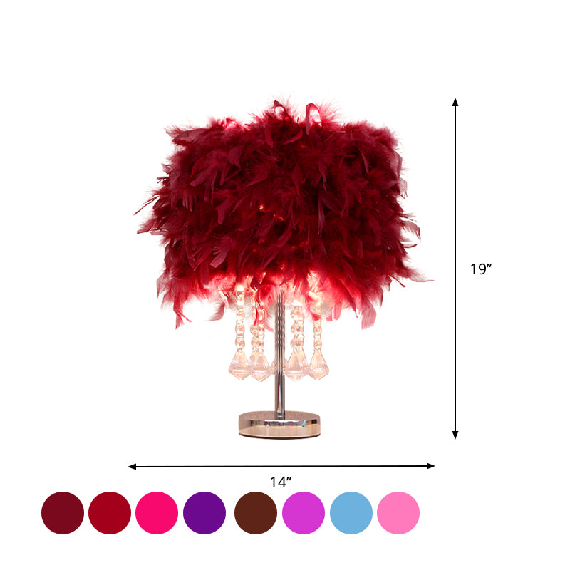 Round Dining Room Table Light Feather 1 Head Modern Night Lamp in Red/Pink/Rose Red with Crystal Droplet Clearhalo 'Lamps' 'Table Lamps' Lighting' 1984943