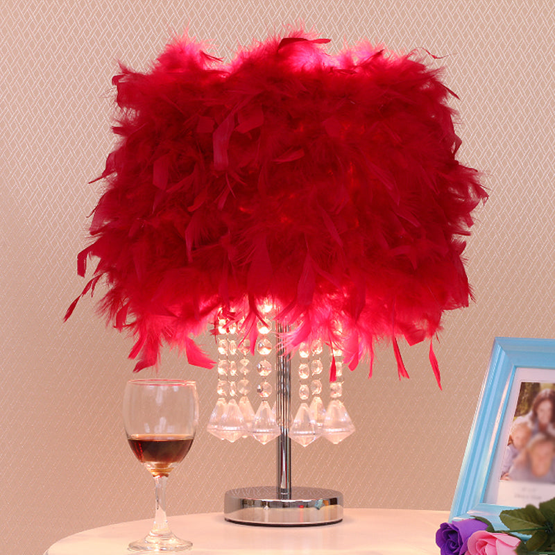 Round Dining Room Table Light Feather 1 Head Modern Night Lamp in Red/Pink/Rose Red with Crystal Droplet Red Clearhalo 'Lamps' 'Table Lamps' Lighting' 1984944