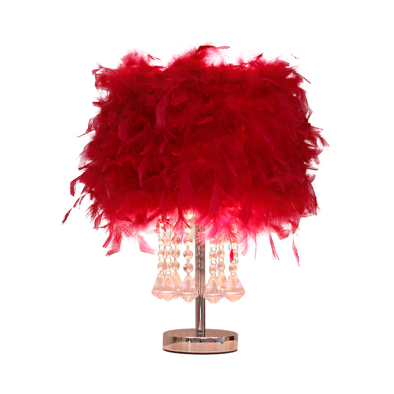 Round Dining Room Table Light Feather 1 Head Modern Night Lamp in Red/Pink/Rose Red with Crystal Droplet Clearhalo 'Lamps' 'Table Lamps' Lighting' 1984945