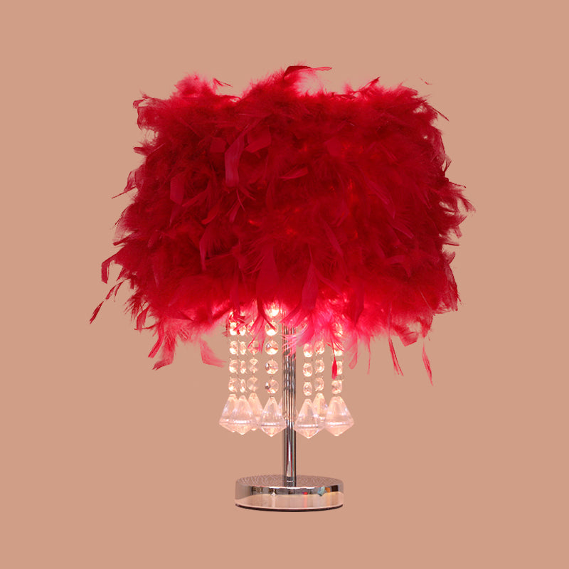 Round Dining Room Table Light Feather 1 Head Modern Night Lamp in Red/Pink/Rose Red with Crystal Droplet Clearhalo 'Lamps' 'Table Lamps' Lighting' 1984946