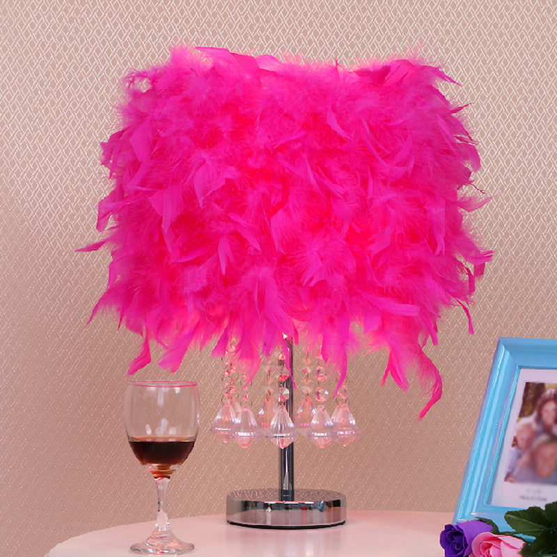 Round Dining Room Table Light Feather 1 Head Modern Night Lamp in Red/Pink/Rose Red with Crystal Droplet Rose Red Clearhalo 'Lamps' 'Table Lamps' Lighting' 1984947