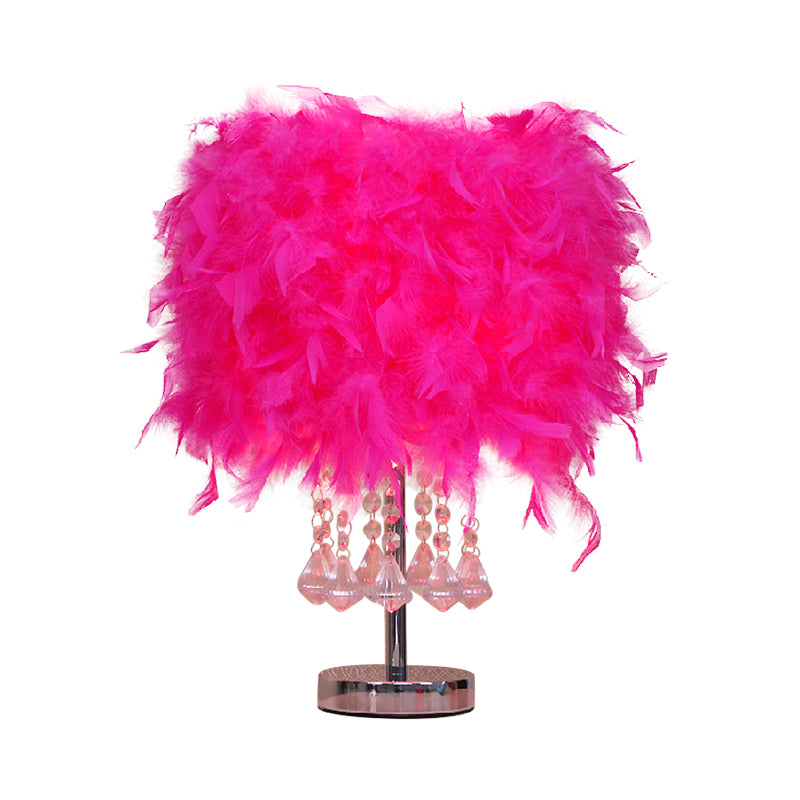 Round Dining Room Table Light Feather 1 Head Modern Night Lamp in Red/Pink/Rose Red with Crystal Droplet Clearhalo 'Lamps' 'Table Lamps' Lighting' 1984948
