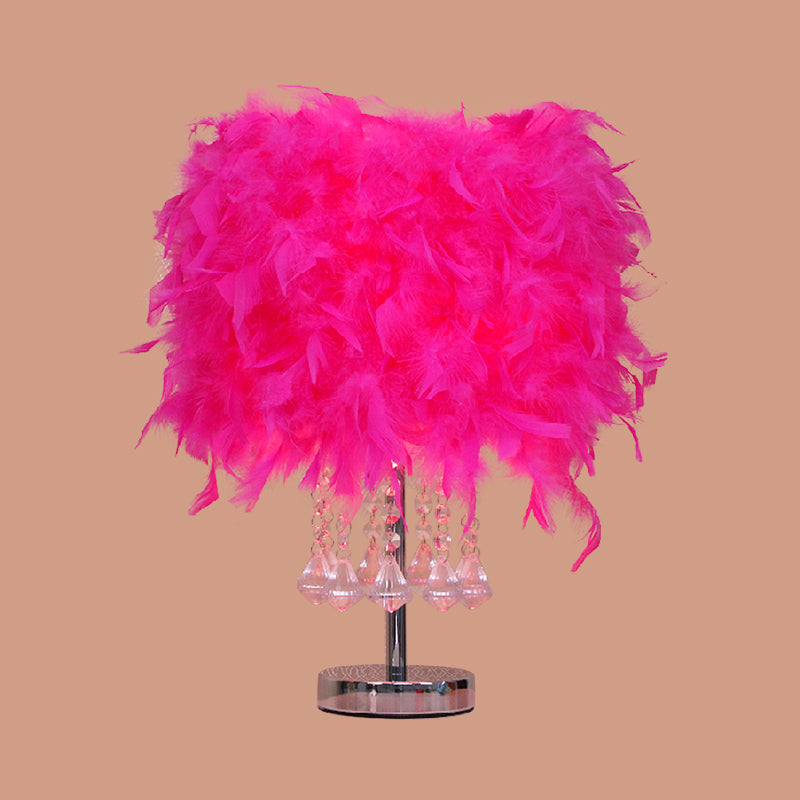 Round Dining Room Table Light Feather 1 Head Modern Night Lamp in Red/Pink/Rose Red with Crystal Droplet Clearhalo 'Lamps' 'Table Lamps' Lighting' 1984949
