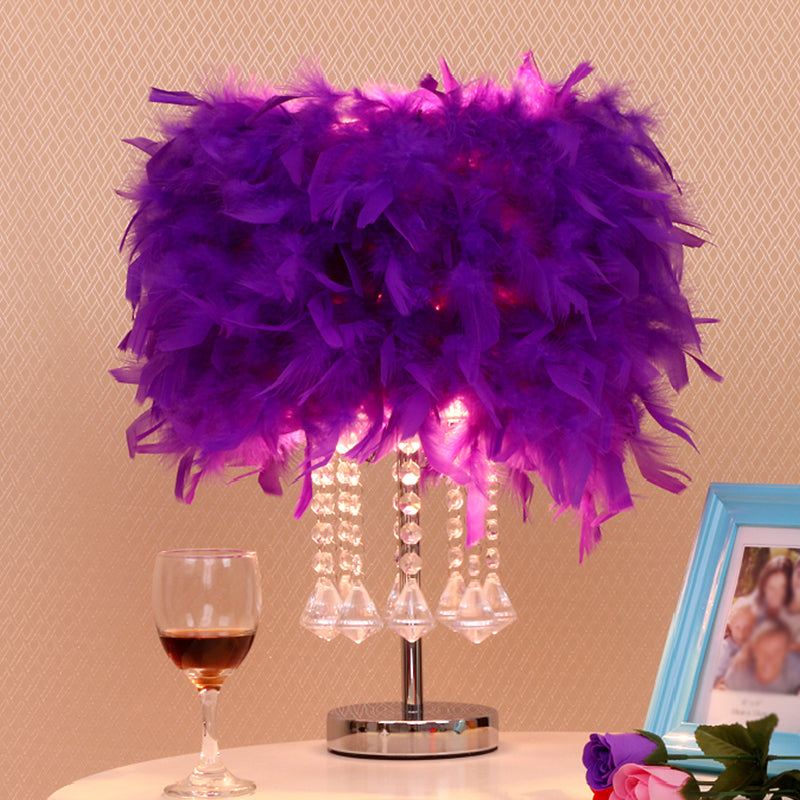 Round Dining Room Table Light Feather 1 Head Modern Night Lamp in Red/Pink/Rose Red with Crystal Droplet Dark Purple Clearhalo 'Lamps' 'Table Lamps' Lighting' 1984950