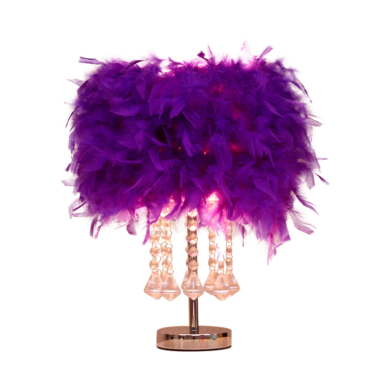 Round Dining Room Table Light Feather 1 Head Modern Night Lamp in Red/Pink/Rose Red with Crystal Droplet Clearhalo 'Lamps' 'Table Lamps' Lighting' 1984951