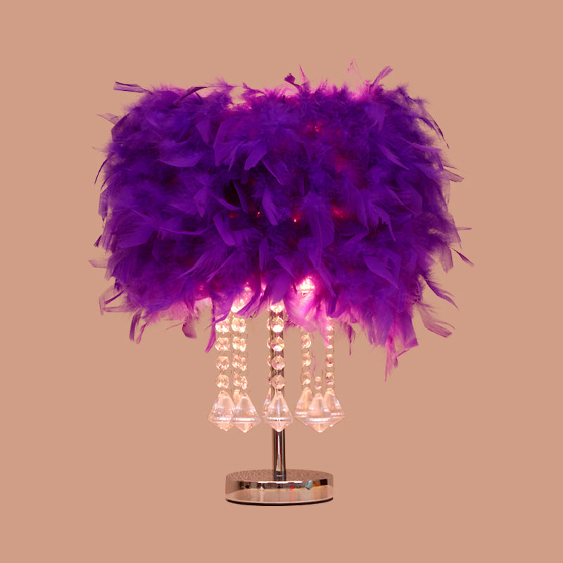 Round Dining Room Table Light Feather 1 Head Modern Night Lamp in Red/Pink/Rose Red with Crystal Droplet Clearhalo 'Lamps' 'Table Lamps' Lighting' 1984952