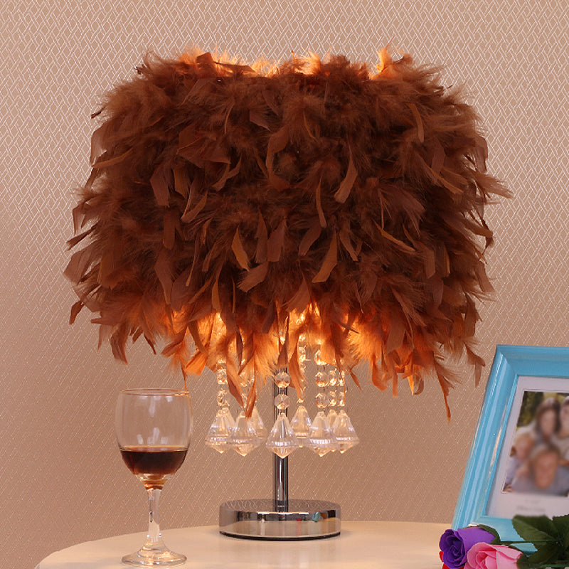 Round Dining Room Table Light Feather 1 Head Modern Night Lamp in Red/Pink/Rose Red with Crystal Droplet Coffee Clearhalo 'Lamps' 'Table Lamps' Lighting' 1984953