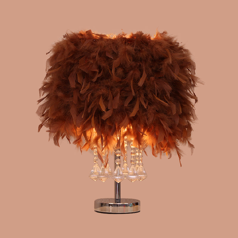 Round Dining Room Table Light Feather 1 Head Modern Night Lamp in Red/Pink/Rose Red with Crystal Droplet Clearhalo 'Lamps' 'Table Lamps' Lighting' 1984955