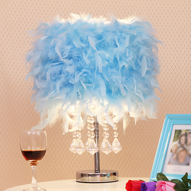 Round Dining Room Table Light Feather 1 Head Modern Night Lamp in Red/Pink/Rose Red with Crystal Droplet Sky Blue Clearhalo 'Lamps' 'Table Lamps' Lighting' 1984957