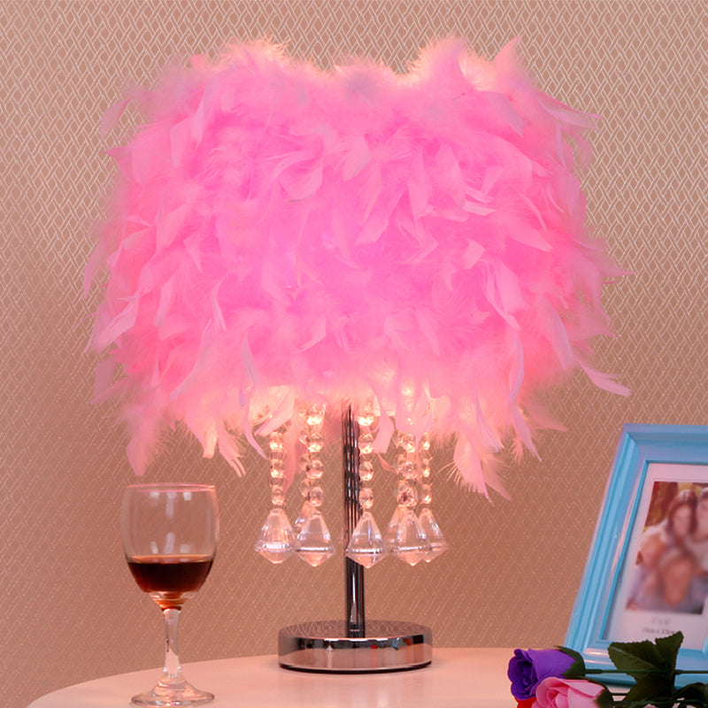 Round Dining Room Table Light Feather 1 Head Modern Night Lamp in Red/Pink/Rose Red with Crystal Droplet Pink Clearhalo 'Lamps' 'Table Lamps' Lighting' 1984958