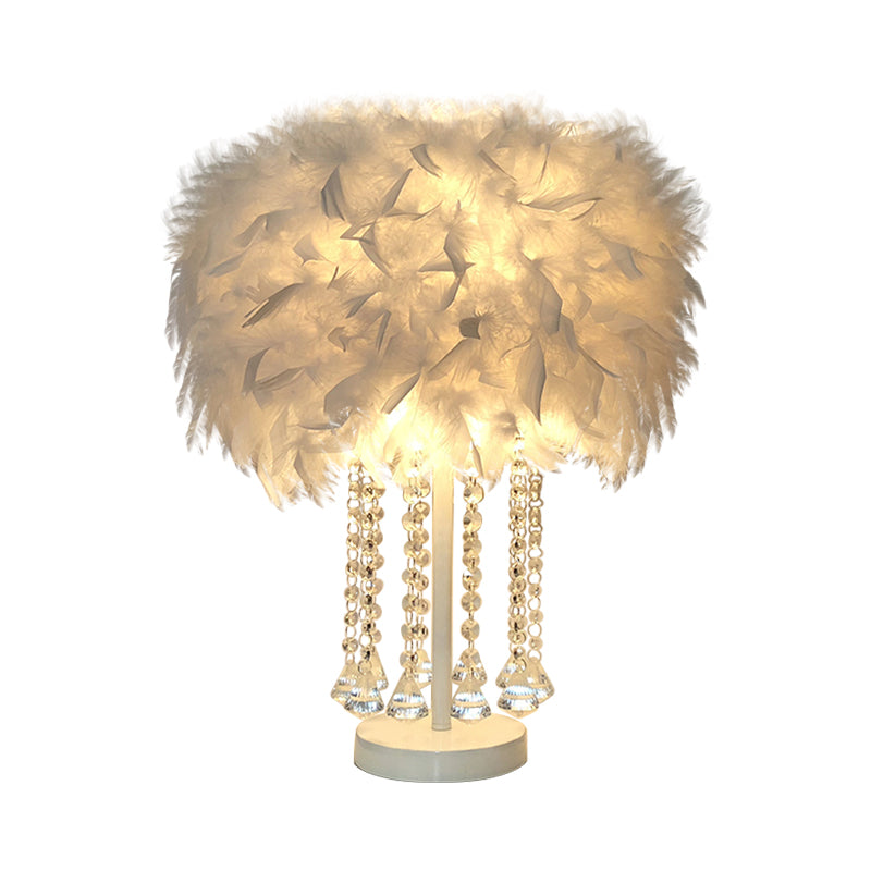 Red/Pink/Purple Round Table Lamp Modernist 1-Light Feather Nightstand Light with Draping Crystal White Clearhalo 'Lamps' 'Table Lamps' Lighting' 1984959