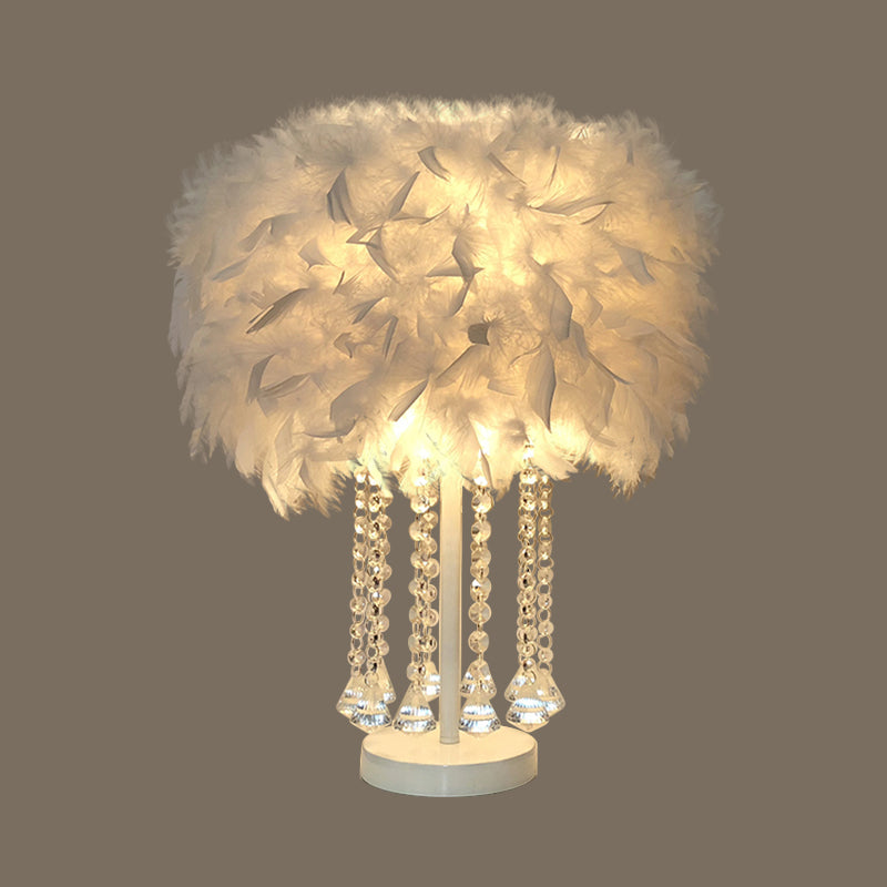 Red/Pink/Purple Round Table Lamp Modernist 1-Light Feather Nightstand Light with Draping Crystal Clearhalo 'Lamps' 'Table Lamps' Lighting' 1984961