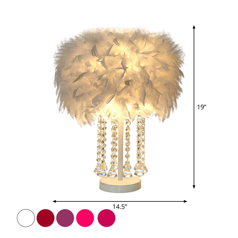 Red/Pink/Purple Round Table Lamp Modernist 1-Light Feather Nightstand Light with Draping Crystal Clearhalo 'Lamps' 'Table Lamps' Lighting' 1984962