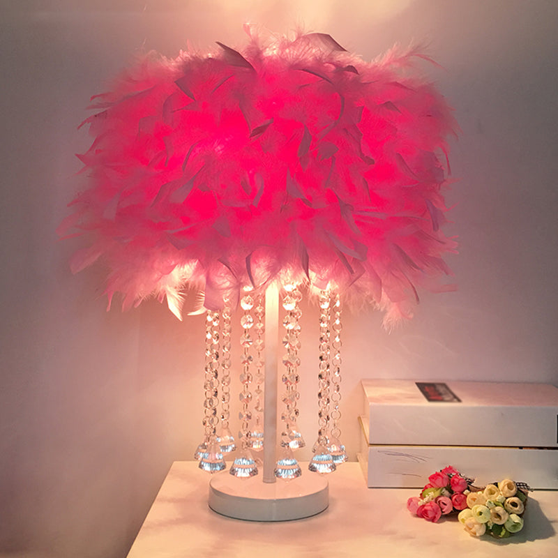 Red/Pink/Purple Round Table Lamp Modernist 1-Light Feather Nightstand Light with Draping Crystal Pink Clearhalo 'Lamps' 'Table Lamps' Lighting' 1984965