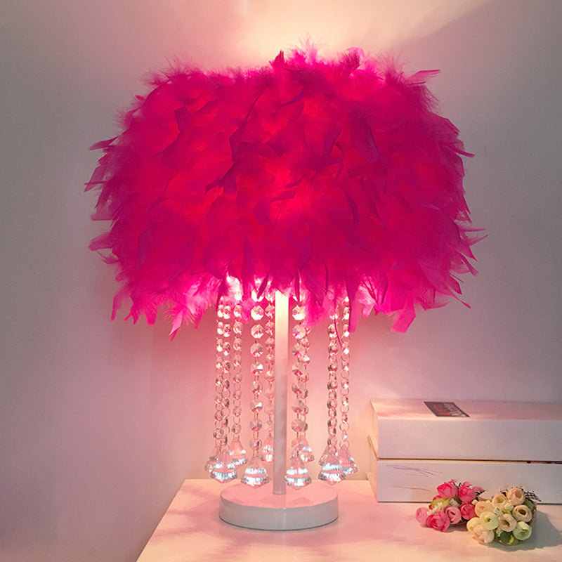 Red/Pink/Purple Round Table Lamp Modernist 1-Light Feather Nightstand Light with Draping Crystal Purple Clearhalo 'Lamps' 'Table Lamps' Lighting' 1984966