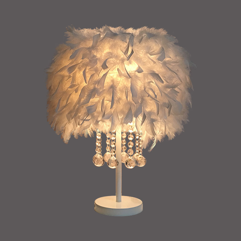 Feather Round Night Stand Lamp Contemporary 1-Bulb Red/Pink/Purple Table Light with Crystal Drop and White/Chrome Base Clearhalo 'Lamps' 'Table Lamps' Lighting' 1984969