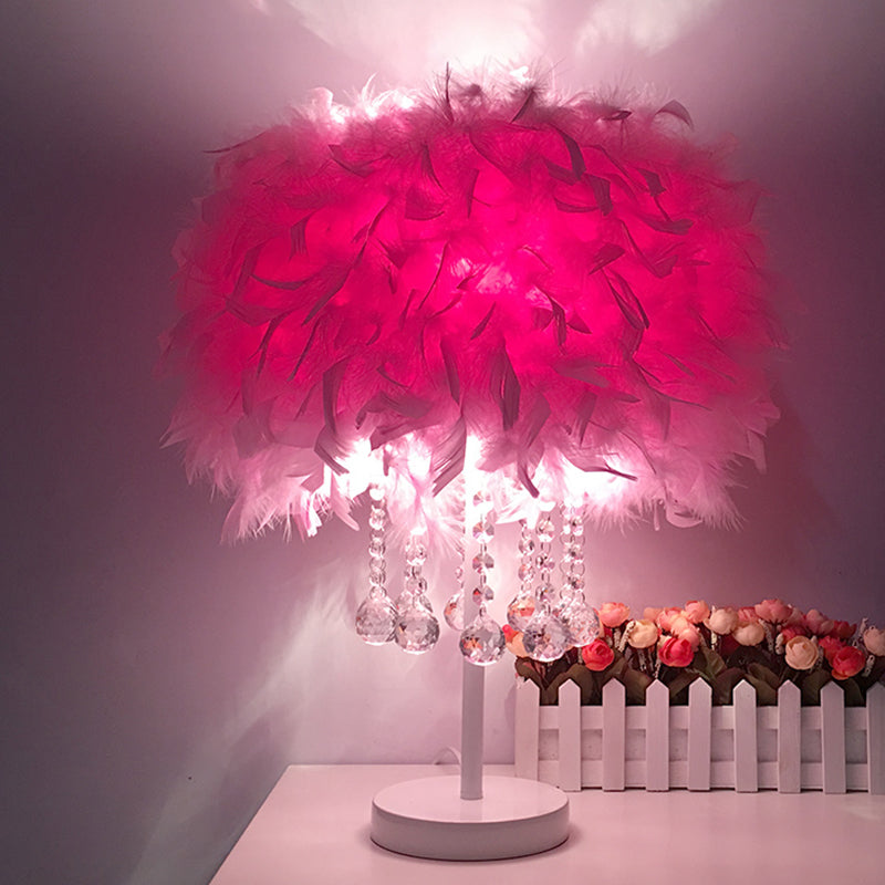 Feather Round Night Stand Lamp Contemporary 1-Bulb Red/Pink/Purple Table Light with Crystal Drop and White/Chrome Base White Pink Clearhalo 'Lamps' 'Table Lamps' Lighting' 1984971