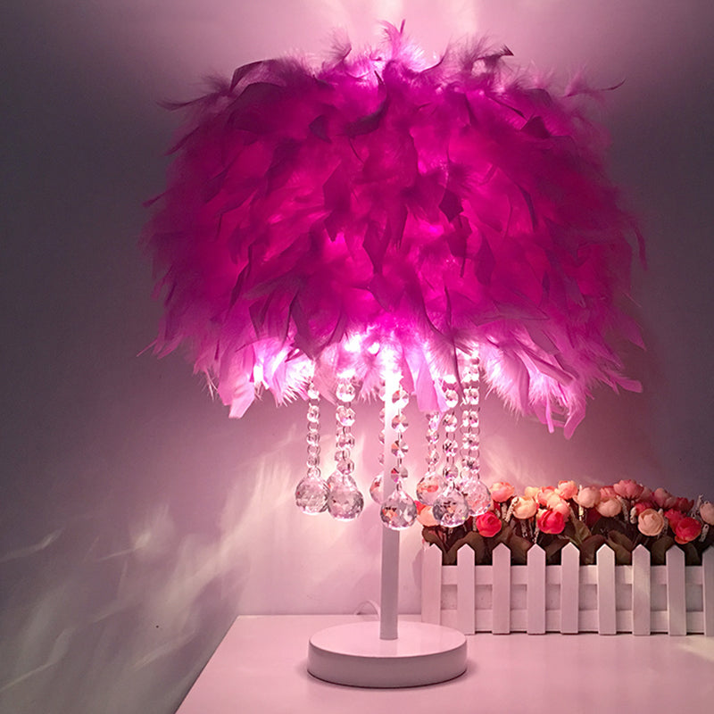Feather Round Night Stand Lamp Contemporary 1-Bulb Red/Pink/Purple Table Light with Crystal Drop and White/Chrome Base White Purple Clearhalo 'Lamps' 'Table Lamps' Lighting' 1984972