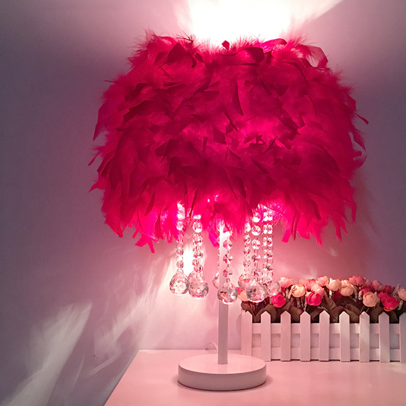 Feather Round Night Stand Lamp Contemporary 1-Bulb Red/Pink/Purple Table Light with Crystal Drop and White/Chrome Base White Red Clearhalo 'Lamps' 'Table Lamps' Lighting' 1984973