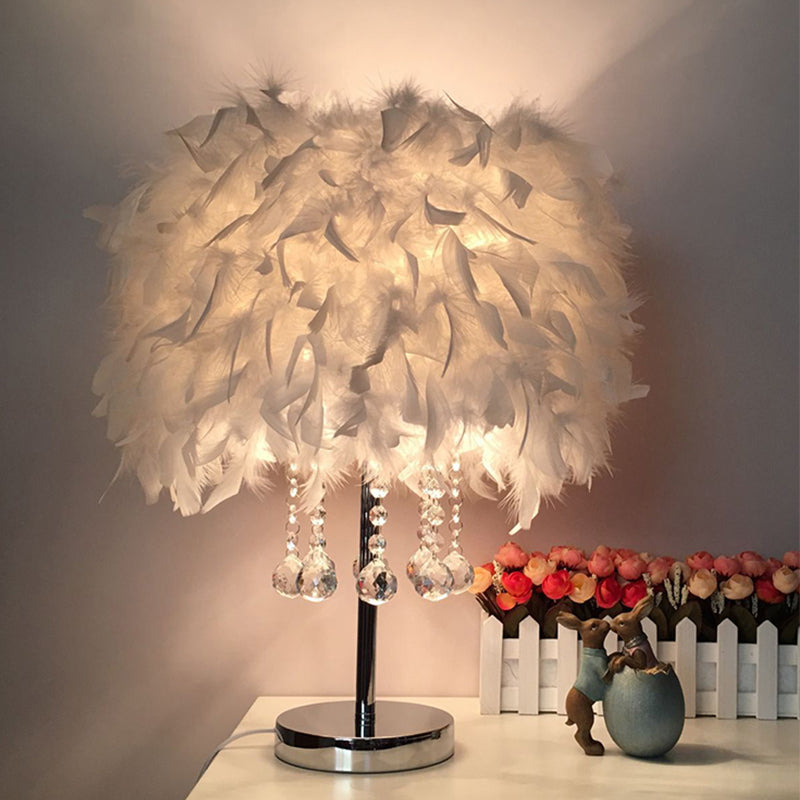Feather Round Night Stand Lamp Contemporary 1-Bulb Red/Pink/Purple Table Light with Crystal Drop and White/Chrome Base Chrome White Clearhalo 'Lamps' 'Table Lamps' Lighting' 1984974