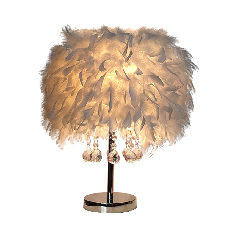 Feather Round Night Stand Lamp Contemporary 1-Bulb Red/Pink/Purple Table Light with Crystal Drop and White/Chrome Base Clearhalo 'Lamps' 'Table Lamps' Lighting' 1984975